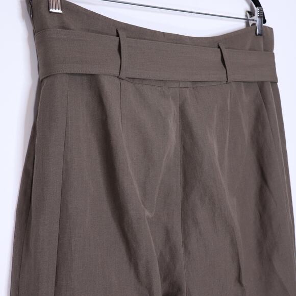 AKRIS PUNTO Fiorella Belted Pants Dark Olive Cropped Wide-Leg Linen Women's 16 - Picture 7 of 10